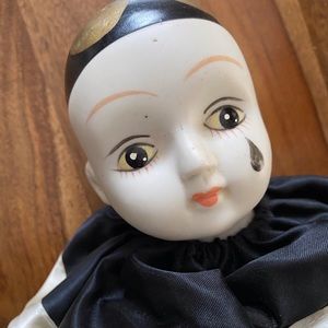 Pierrot vtg black white doll porcelain